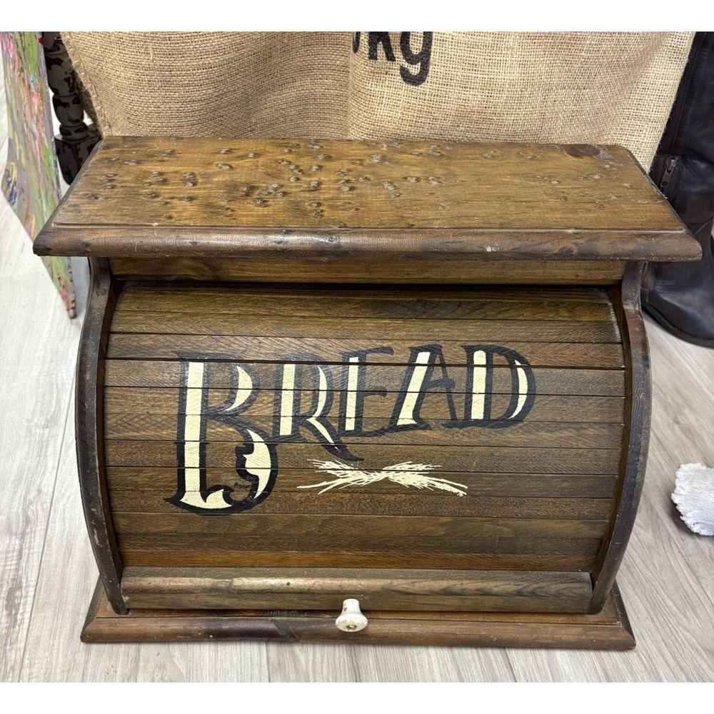 Vintage Knock On Wood Corp Wooden Roll Top Bread Box Farmhouse Made in USA 70's